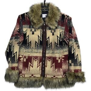 Vintage Tasha Polizzi Southwestern Saddle Blanket Jacket Fur Collar Cuff Hem Med